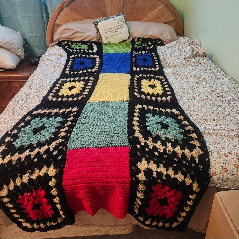 Hand Crafted Crochet Blanket Afghan Granny Square Twin X Long  Multi color 72x32